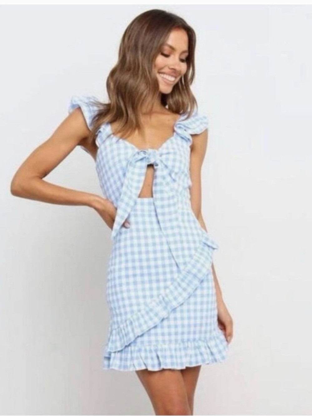 Blue Gingham Tie-Front Ruffle Mini Dress